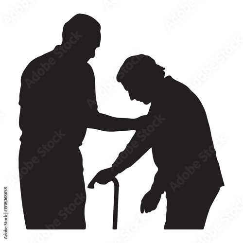Elderly care silhouette illustration, senior man with walking cane assisted by caregiver, support and compassion concept isolated on white background