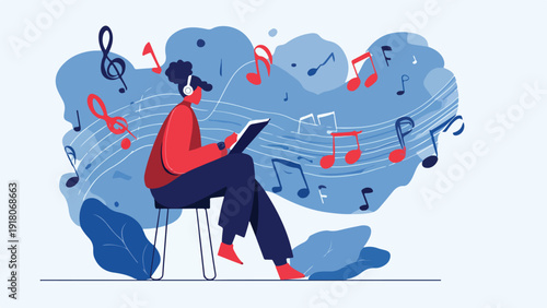 A person with headphones listens to music, surrounded by colorful notes and abstract shapes