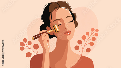 Woman with closed eyes using a golden facial roller for skincare, surrounded by abstract botanical elements