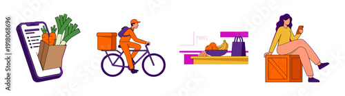 Flat Vector Grocery Delivery Service Graphic Set for E-commerce Mobile App and Logistics Marketing