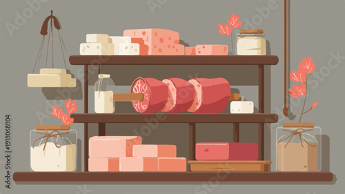 A stylized illustration of a pantry shelf holding blocks of cheese, sliced sausage, and jars of preserved goods