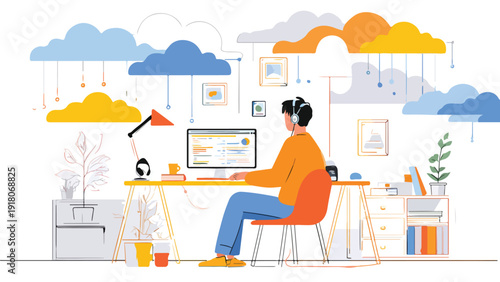 Person working at a desk with headphones, surrounded by abstract cloud graphics