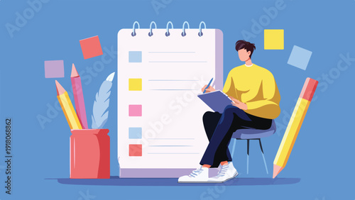 Person writing on a notepad with colorful pencils and floating shapes