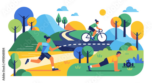 People engaging in various sports activities like running and cycling in a scenic landscape view