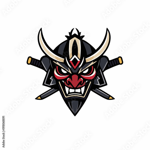Japanese samurai warrior mask logo featuring crossed swords and kabuto helmet, strong symmetrical mascot emblem ideal for esport teams, gaming communities, martial arts branding, and bold vector desig