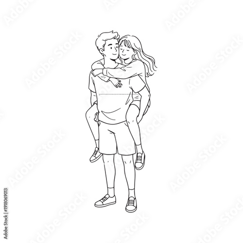 Romantic Young Couple Piggyback Ride Minimal Line Art Drawing Illustration
