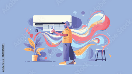 Person spraying air conditioner with colorful waves of air