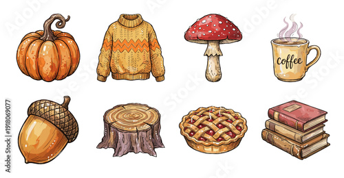 Autumn Lifestyle Sticker Set, Hand Drawn Cozy Illustration