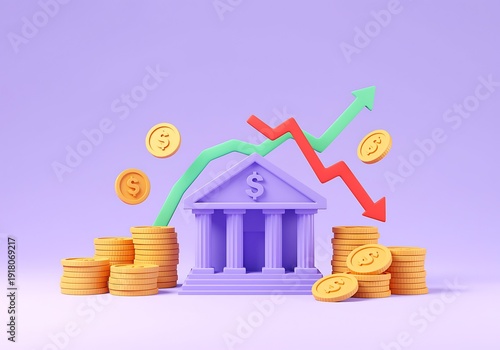 3d illustration of a bank building with stacks of coins and dollar signs with green and red graphs on purple background