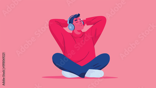 Person wearing headphones and glasses, cross-legged, enjoying music