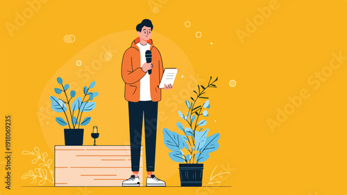 A smiling person holds a microphone and paper on a stage with plants