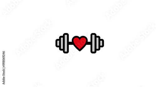 A heart shape centers a barbell icon with black outlines, set against a pristine white background