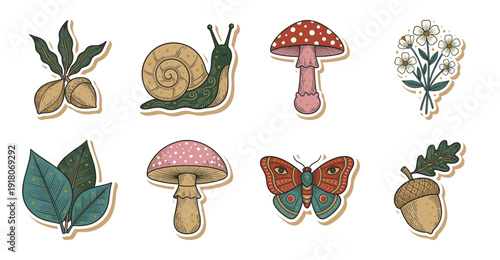 Vintage Cottagecore Nature Sticker Set, Vector Woodland Illustrations