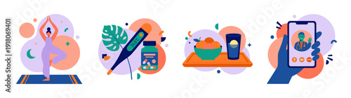 Flat Vector Personal Healthcare and Wellness Illustration Set for Telemedicine and Healthy Lifestyle Apps