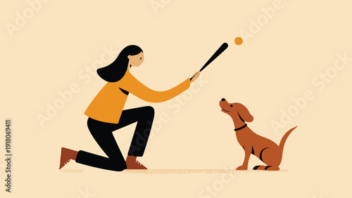 Person kneeling with bat and ball, playing fetch with dog