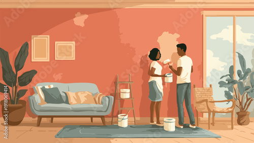 Couple painting a wall in their living room, with plants and furniture