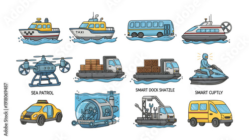 Variety of Transport: Diverse illustrations showcase a variety of transport modes navigating different environments. Perfect for illustrating travel and transport themes.