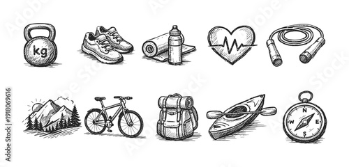 Fitness and outdoor adventure sketch icon set, sport, hiking, cycling, health