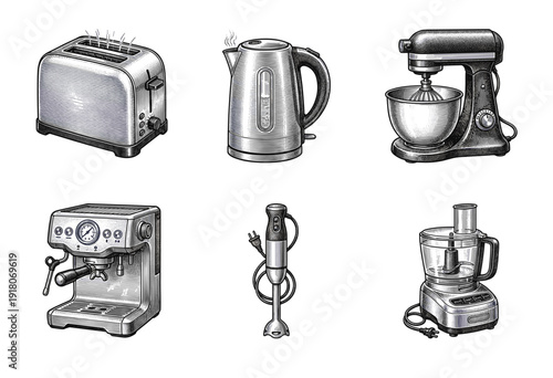 Set of six vintage woodcut style kitchen appliance illustrations including toaster kettle stand mixer espresso machine immersion blender and food processor.