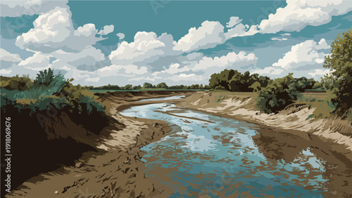 A serene river winds through a grassy, tree-lined landscape under a cloudy sky