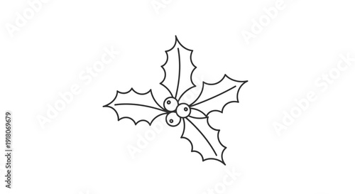Simple black outline drawing of festive holly leaves and berries, a traditional Christmas plant symbol on an isolated white background.