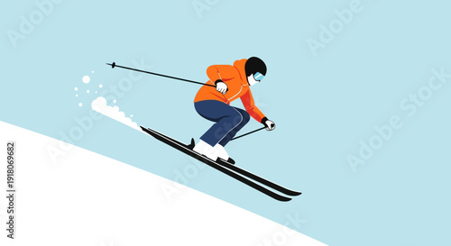 Energetic skier in orange jacket and blue pants descending a snowy mountain slope with speed, an exhilarating winter sports activity.