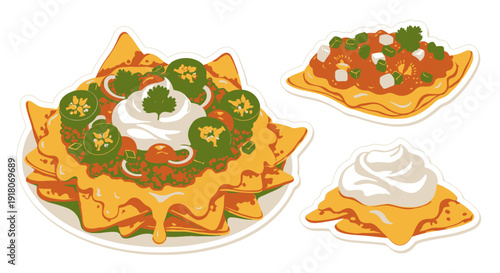 Cartoon style nachos with cheese, jalapenos, and sour cream
