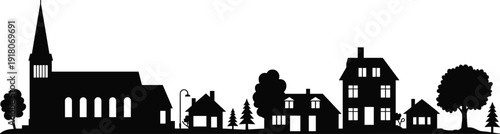 Minimalist, village skyline silhouette with church houses trees and small town landscape illustration isolated on white background for modern design
