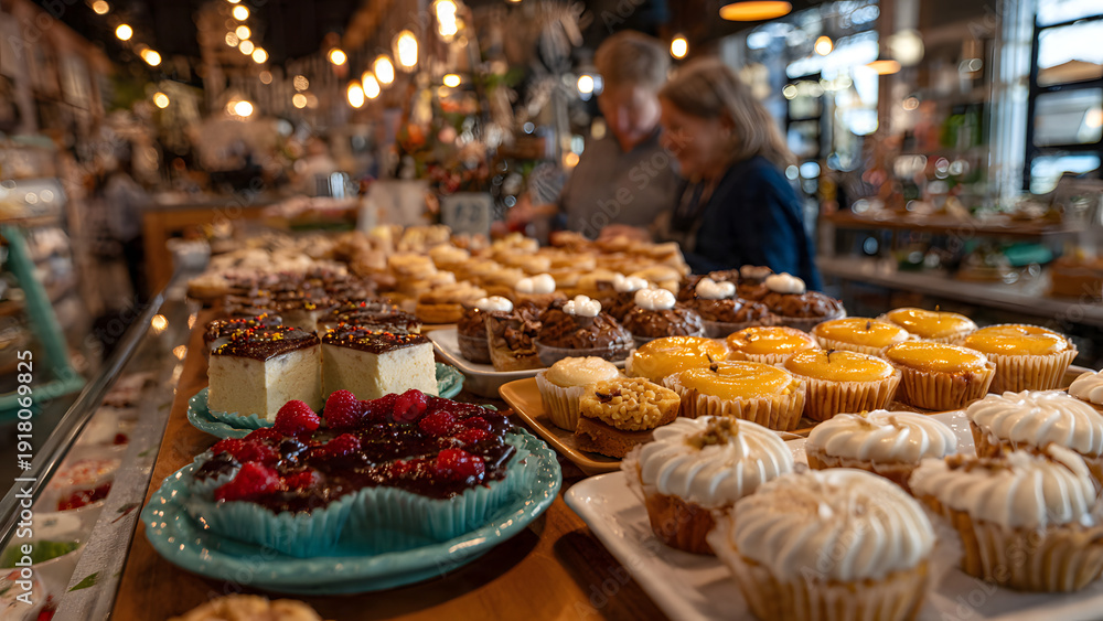 Fototapeta premium Variety of desserts displayed in a bakery with people enjoying their time in the background.