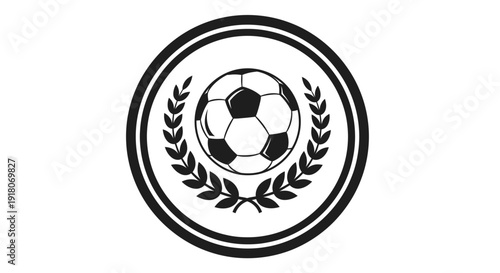 Black and White Sports Emblem with a Soccer Ball in a Laurel Wreath Symbolizing Victory and Excellence in an Isolated White Background