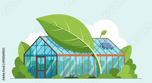 Eco-Friendly Greenhouse with Solar Panels and a Large Green Leaf Symbolizing Sustainable Agriculture in a Bright Studio Background