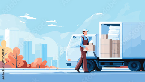 Delivery worker carrying a box next to a parked truck with city buildings in the background
