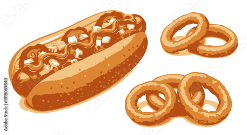 Classic chili hot dog and crispy onion rings illustration