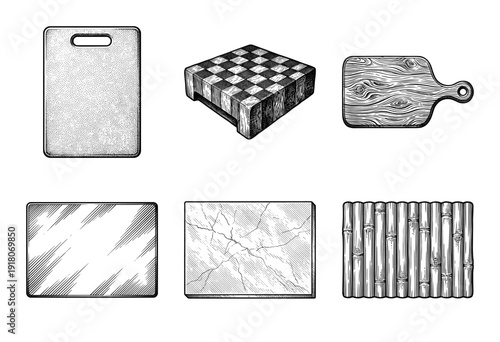 Collection of various kitchen cutting boards and butcher blocks in hand drawn vintage engraving style
