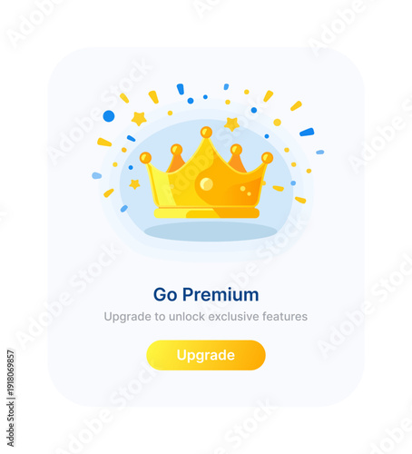 Go premium popup notification modern UI. Subscription upgrade popup user interface. Premium membership upgrade message app interface.