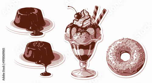 Classic chocolate desserts pudding sundae and donut illustration