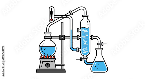 Detailed Chemistry Distillation Apparatus with Heating Flask, Condenser, and Blue Liquid Boiling in a Bright Studio Background
