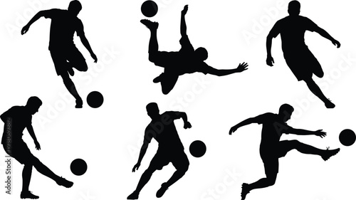 Soccer player silhouette set showing dynamic football action kicks dribbles jumps isolated on white background, vector sport athletes motion collection