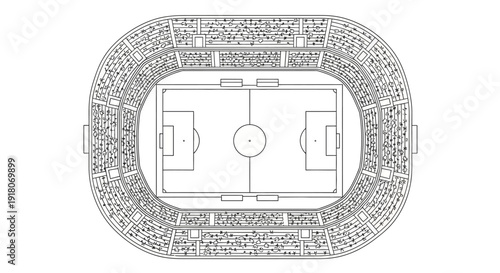 Aerial View Line Art Drawing of a Football Soccer Stadium with a Field and Audience Stands in an Isolated White Background