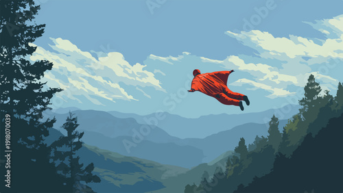 Person in wingsuit glides through cloudy skies over misty mountains and dark evergreen trees