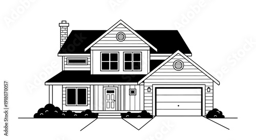 Modern Two-Story Family House with Garage and Driveway, isolated white background