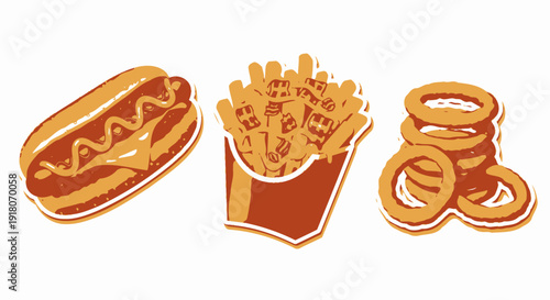 Classic hot dog french fries onion rings fast food illustration