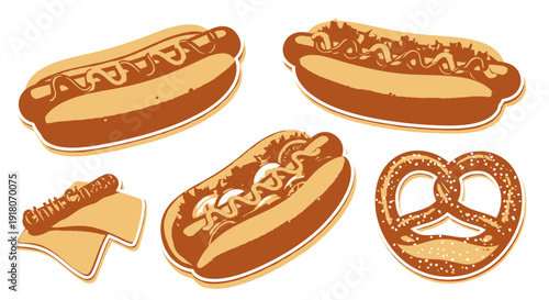 Classic hot dogs with toppings and pretzel flat design collection