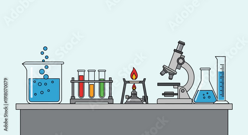 Chemistry Laboratory Scene with Beakers, Test Tubes, Microscope, and Bunsen Burner in Bright Studio