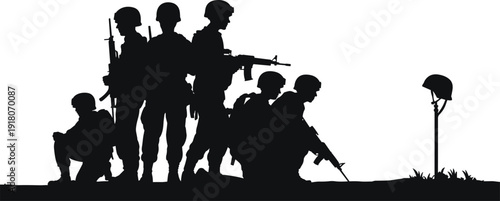 Silhouette of fallen soldiers memorial, military tribute, battlefield remembrance, war heroes honor, armed forces sacrifice illustration concept