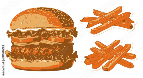 Classic hand drawn burger and french fries graphic illustration