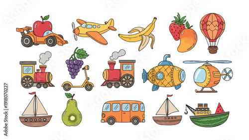 Whimsical Transportation and Fruity Adventures: A vibrant illustration showcasing an array of playful vehicles adorned with delightful fruit elements.