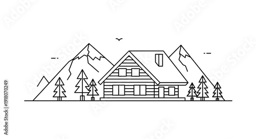 Line Art Illustration of a Cozy Cabin in a Mountainous Landscape with Pine Trees on an Isolated White Background