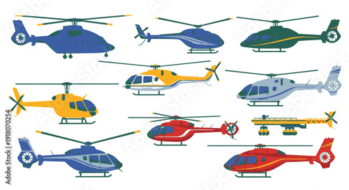 Collection of different colorful helicopter models flying on white background