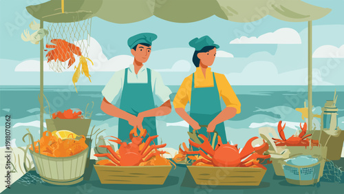 Two vendors sell fresh seafood at a seaside market stall with the ocean in the background